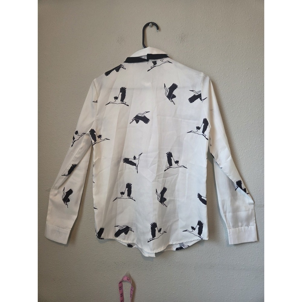White Bird Print Bow Tie Neck Collared Long Sleeve Button-Up Blouse M - Picture 8 of 10